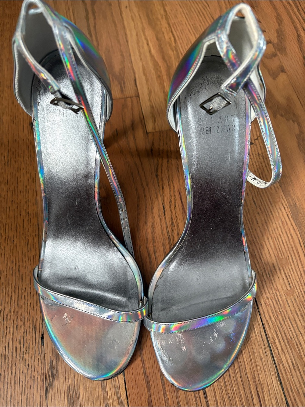 Stuart Weitzman Holographic Silver Ankle-Strap Sandals